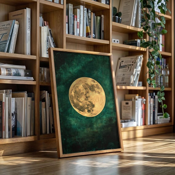 Golden Moon Canvas Wall Art Mystical Full Poster With Deep Teal Sky For Boho Celestial Home Decor
