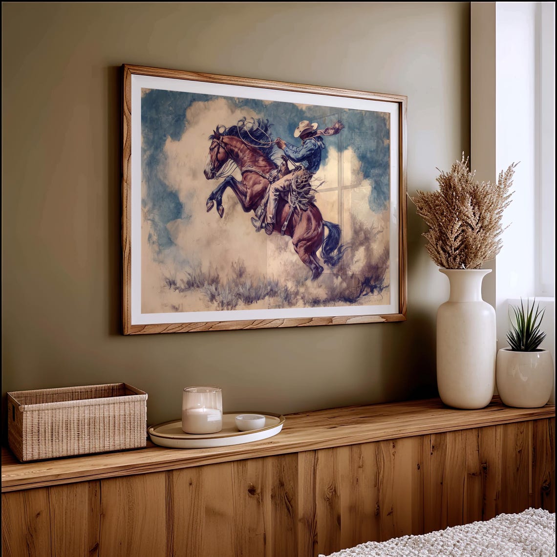 Rodeo Cowboy Riding Bucking Horse Dusty Arena Western Poster