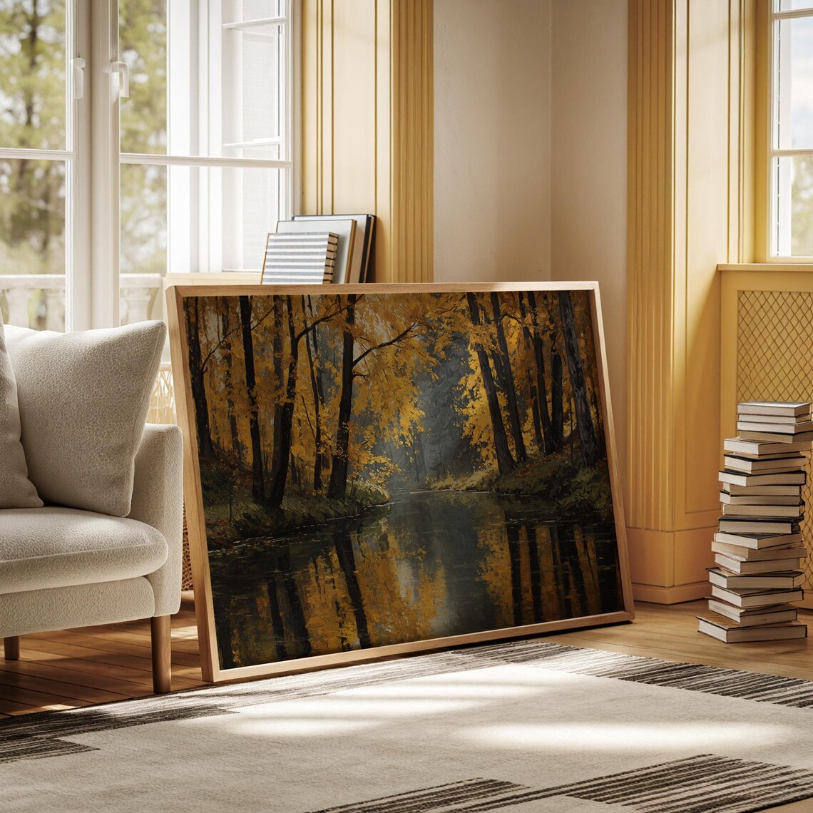 Autumn Forest River with Golden Trees Reflected on Still Water Poster