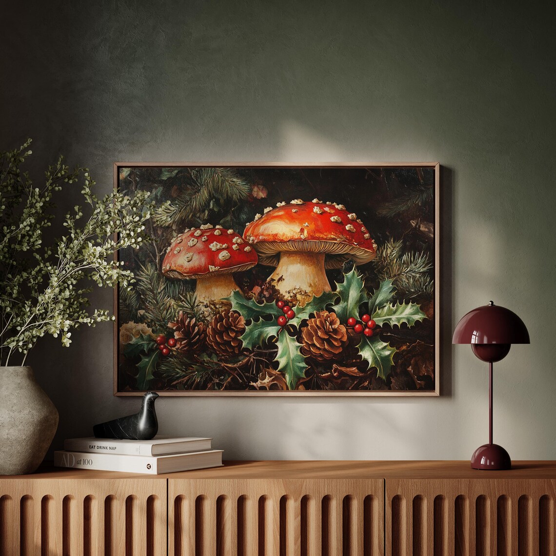 Red Fly Agaric Mushrooms Holly Berries Pinecones Dark Woodland Poster - Image 4