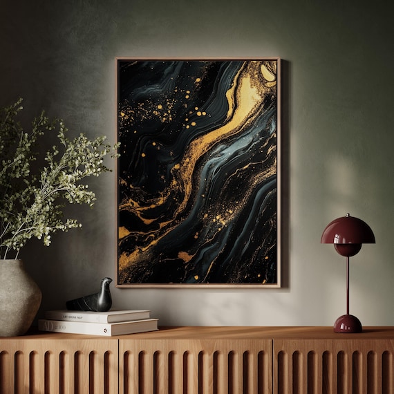 Black And Gold Abstract Marble Art Print, Modern