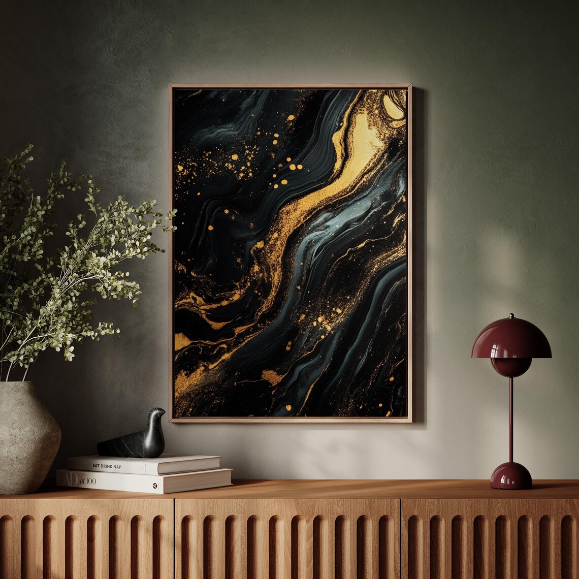 Black And Gold Abstract Marble Art Print, Modern