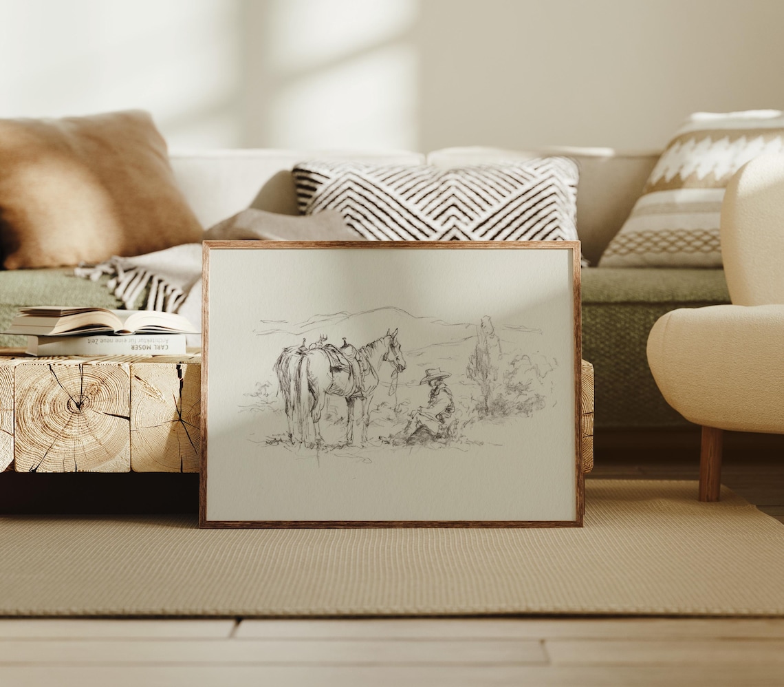 Cowboy Resting With Horse Western Sketch Art Print
