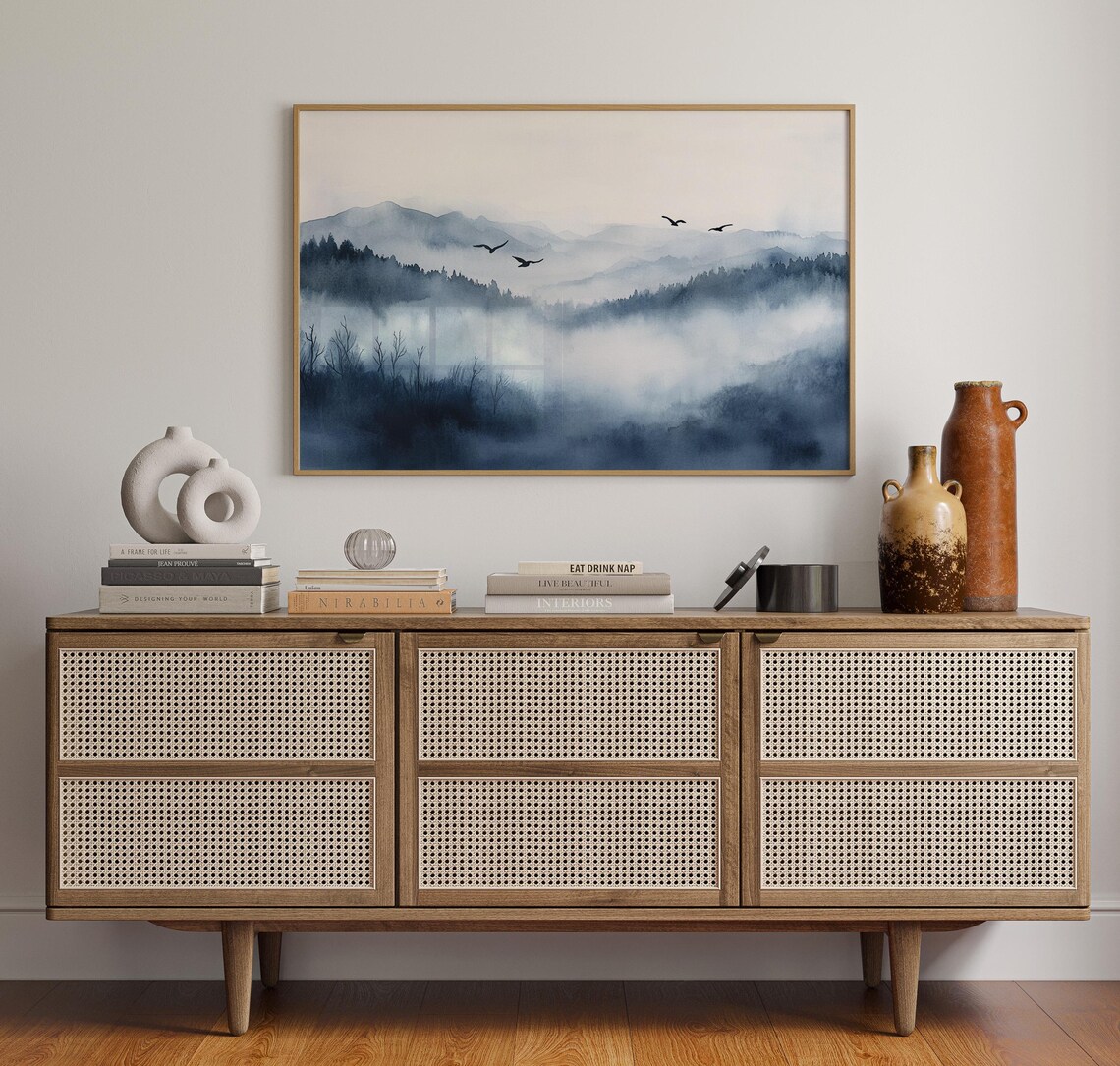 Misty Mountain Landscape With Birds in Flight, Watercolor - Image 2