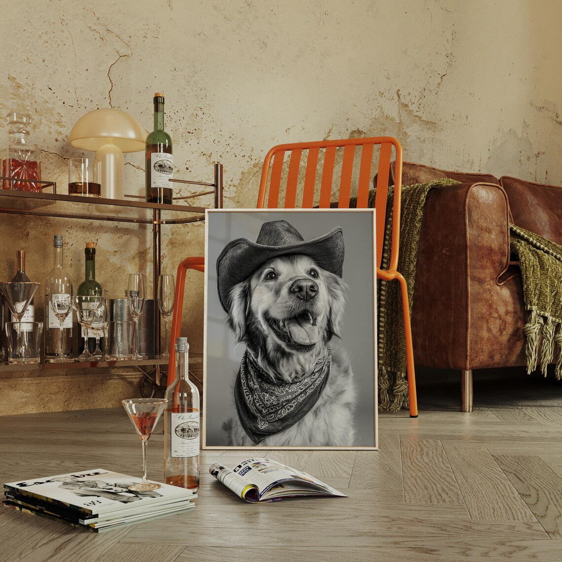Golden Retriever Cowboy Hat Bandana Portrait Western Dog Poster