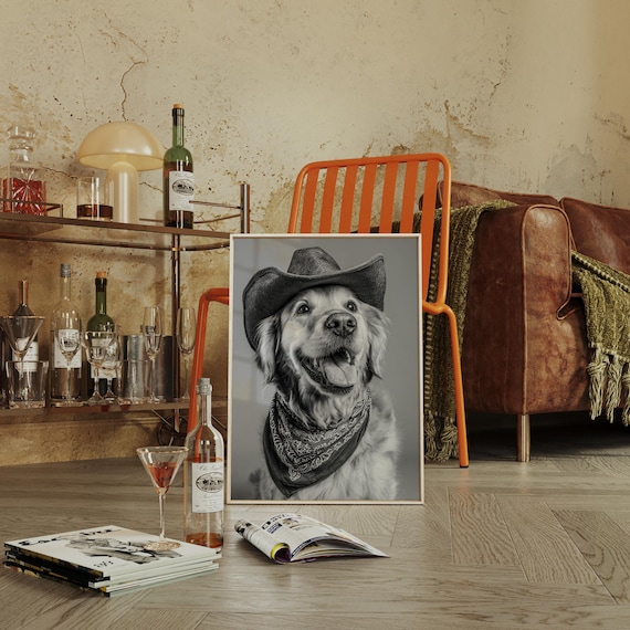 Golden Retriever Cowboy Hat Bandana Portrait Western Dog Poster
