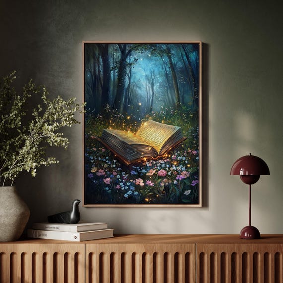 Enchanted Open Book Magical Forest Glow Art Print