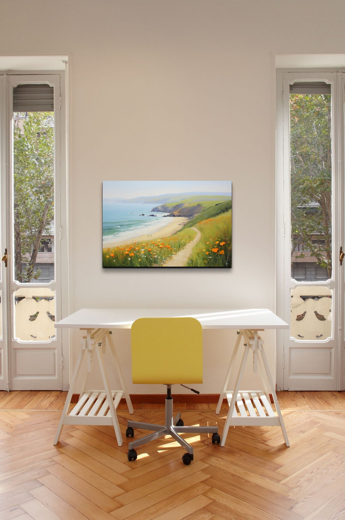 California Coast With Orange Poppies Above Sandy Beach Art Poster - Image 7