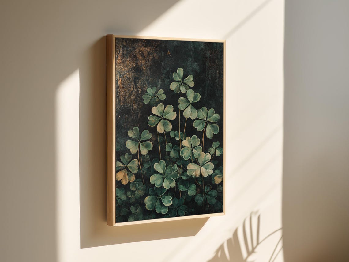 Moody Painterly Clover Blossoms Dark Botanical Canvas Wall Art - Image 6