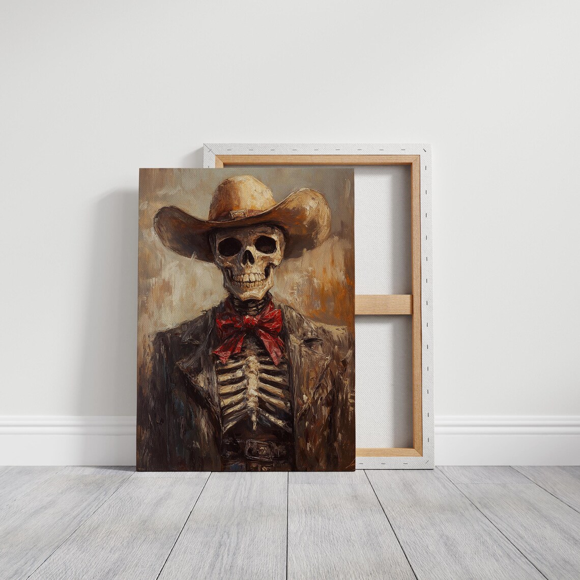 Western Cowboy Skeleton in Hat and Red Bow Tie Oil Painting Poster - Image 3
