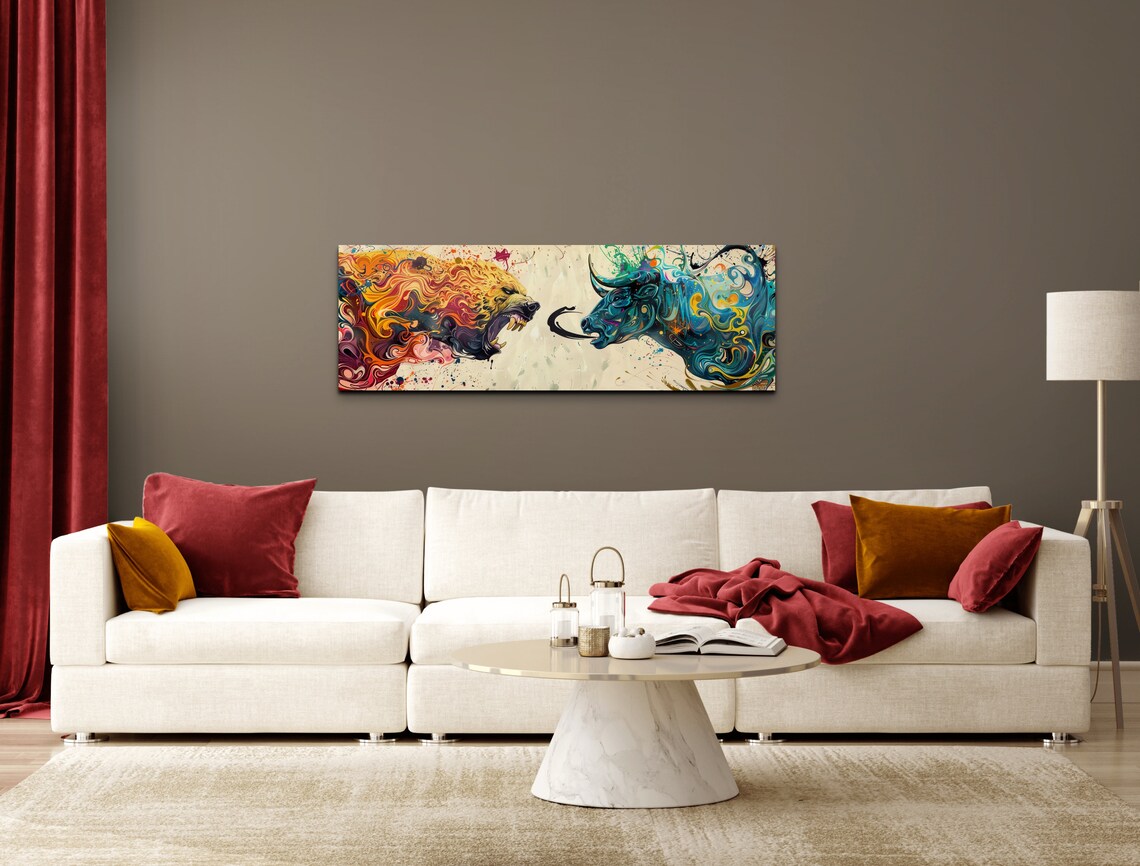 Bull Vs Bear Stock Market Duel Fiery Abstract Animal Heads Panoramic Poster - Image 5
