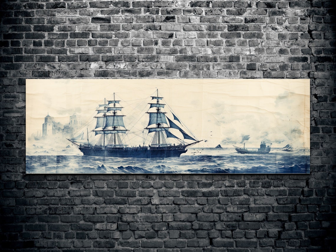 Vintage Pirate Ship Blue Ink Sketch On Stormy Sea Panorama Poster - Image 2
