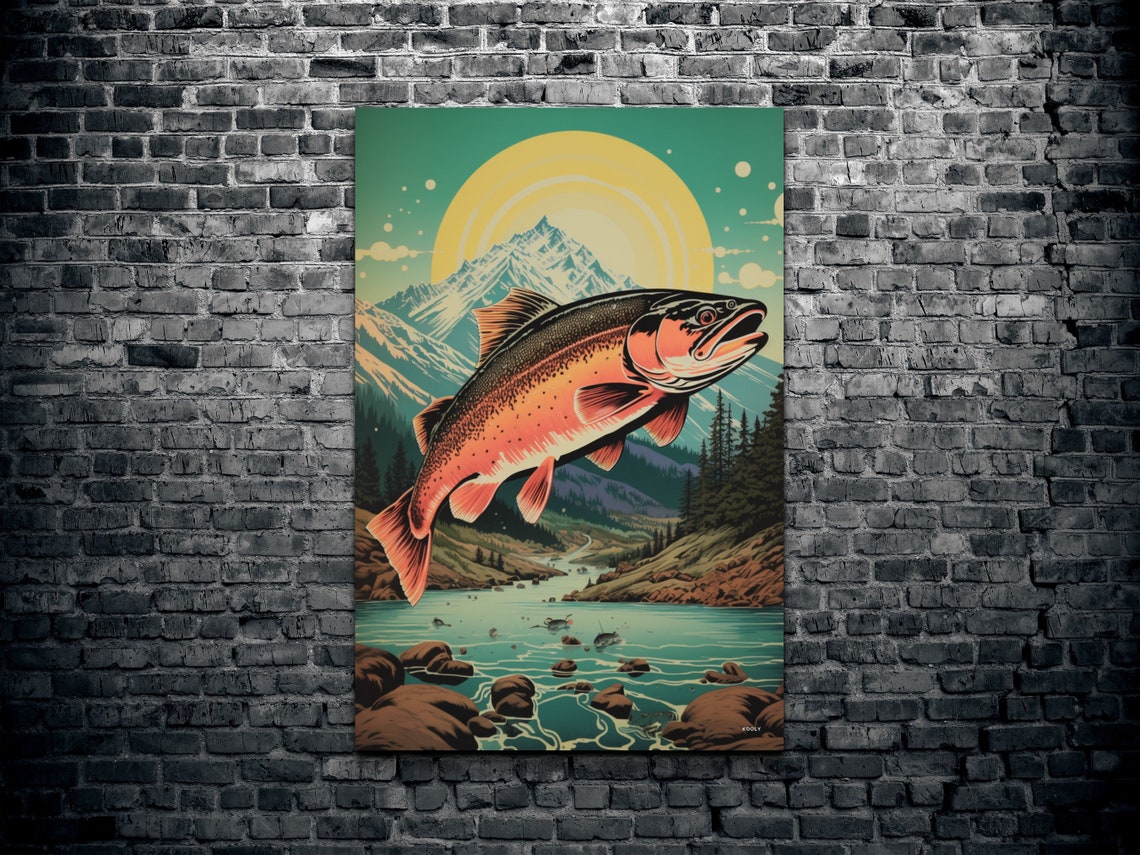 Vintage Leaping Trout Poster With Mountain Sunrise River Scene - Image 2