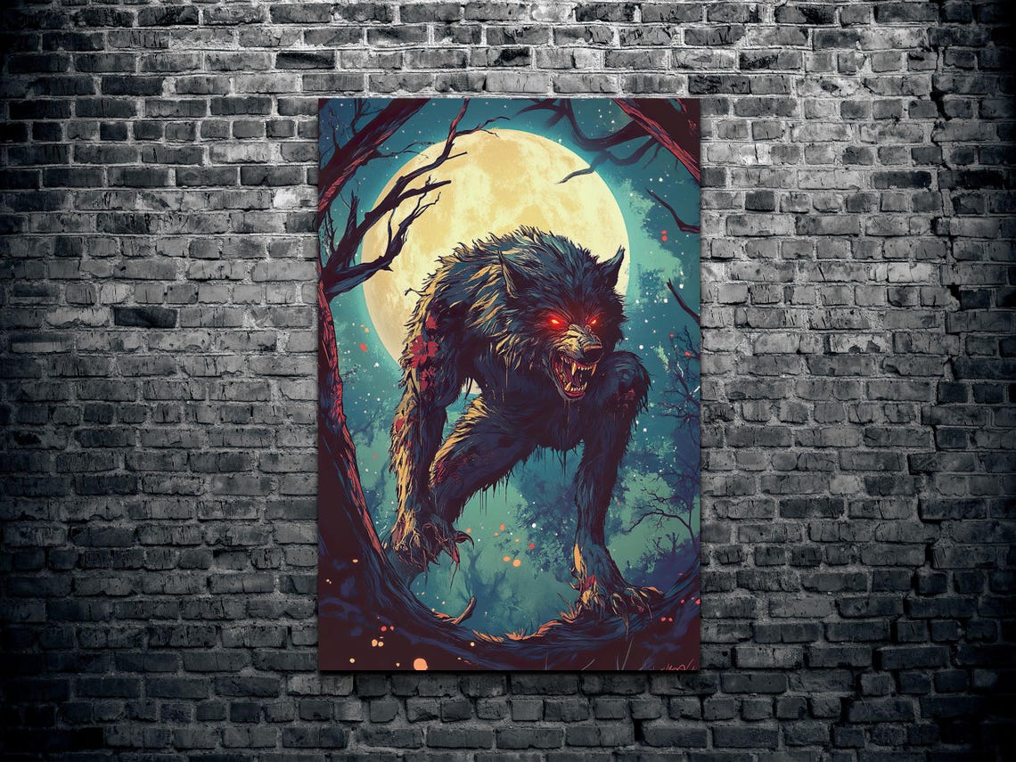 Snarling Werewolf Moonlit Forest Branch Comic Horror Art Poster - Image 2