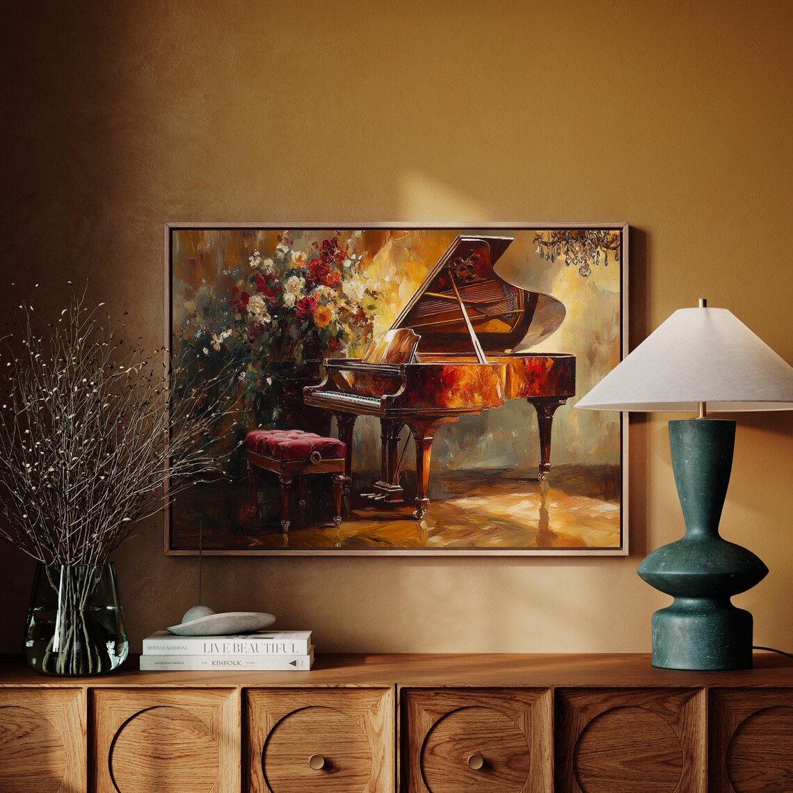Vintage Grand Piano With Roses Romantic Warm Golden Oil Poster