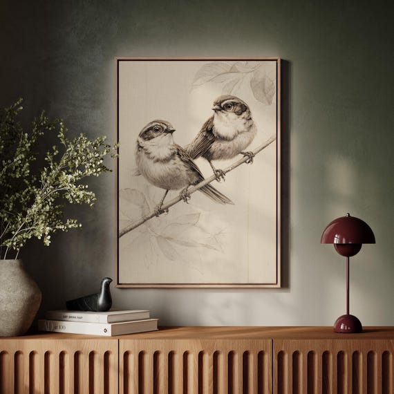 Two Birds Line Art Canvas Print Minimalist Black And White Ink Drawing Vintage Nature Inspired Wall For Bird Lovers Rustic Decor