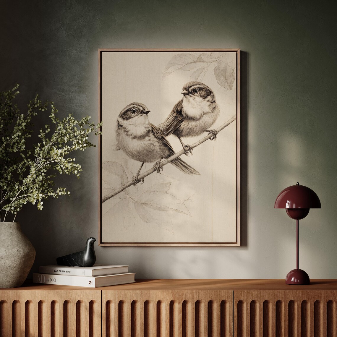 Two Small Songbirds On Branch Vintage Pencil Sketch Bird Poster Art