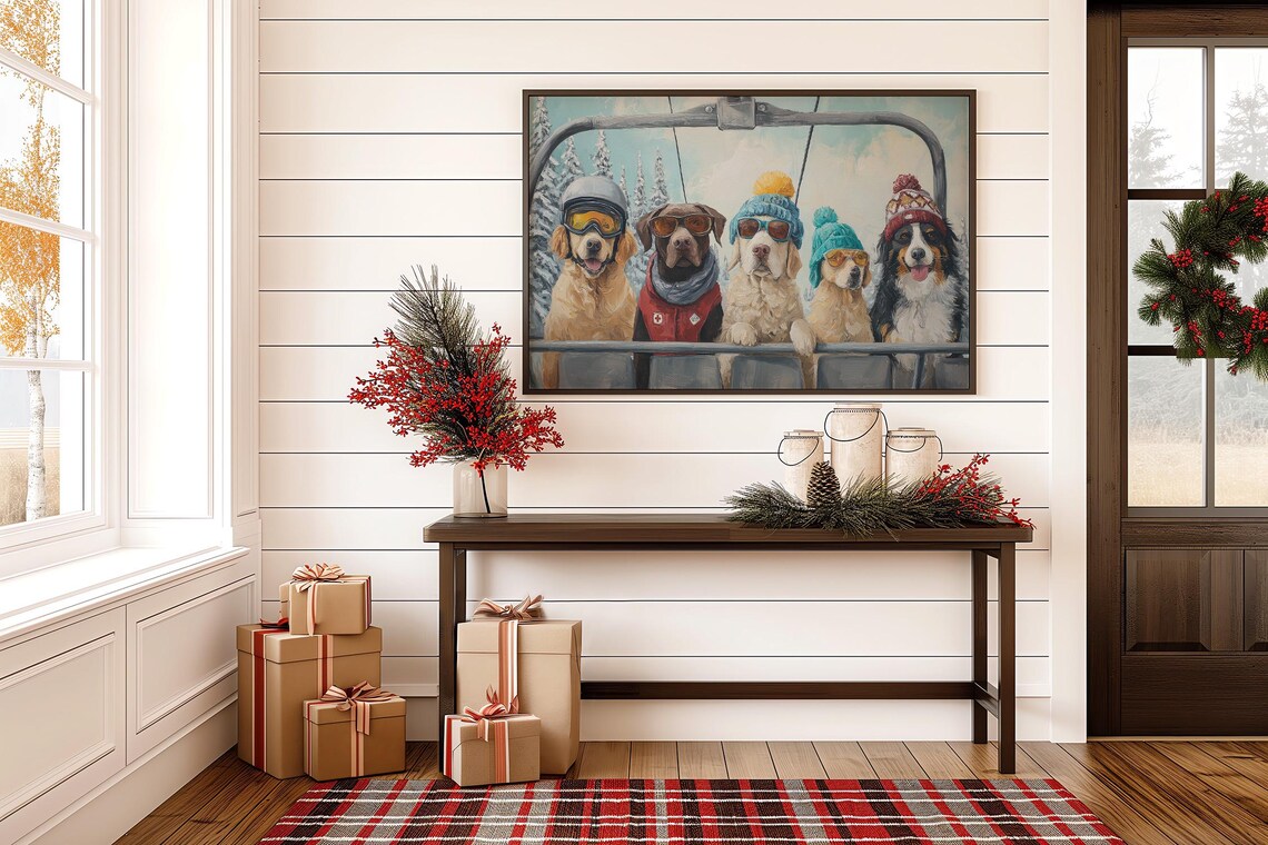 Five Ski Dogs Riding Chairlift Winter Wonderland Christmas Poster