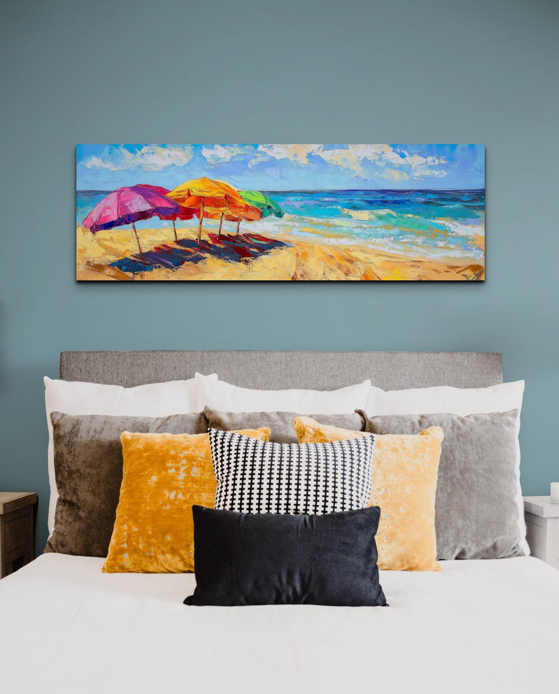 Colorful Beach Umbrellas On Sandy Shore Ocean View Panoramic Poster - Image 4