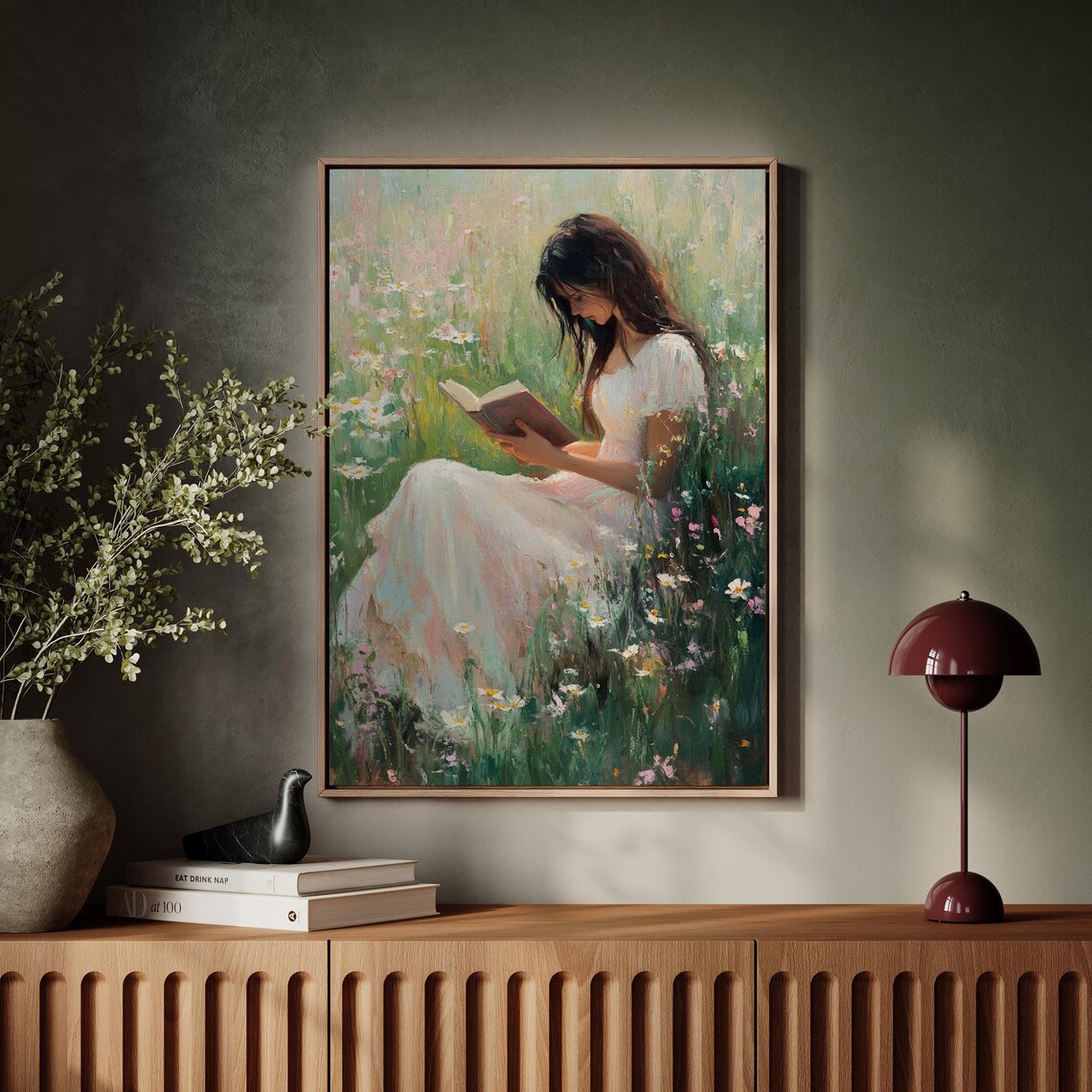 Woman Reading Book in Wildflower Meadow Romantic Cottagecore Poster - Image 6