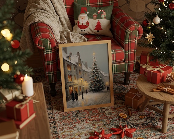 Snowy Christmas Village Street Glowing Windows Holiday Night Poster