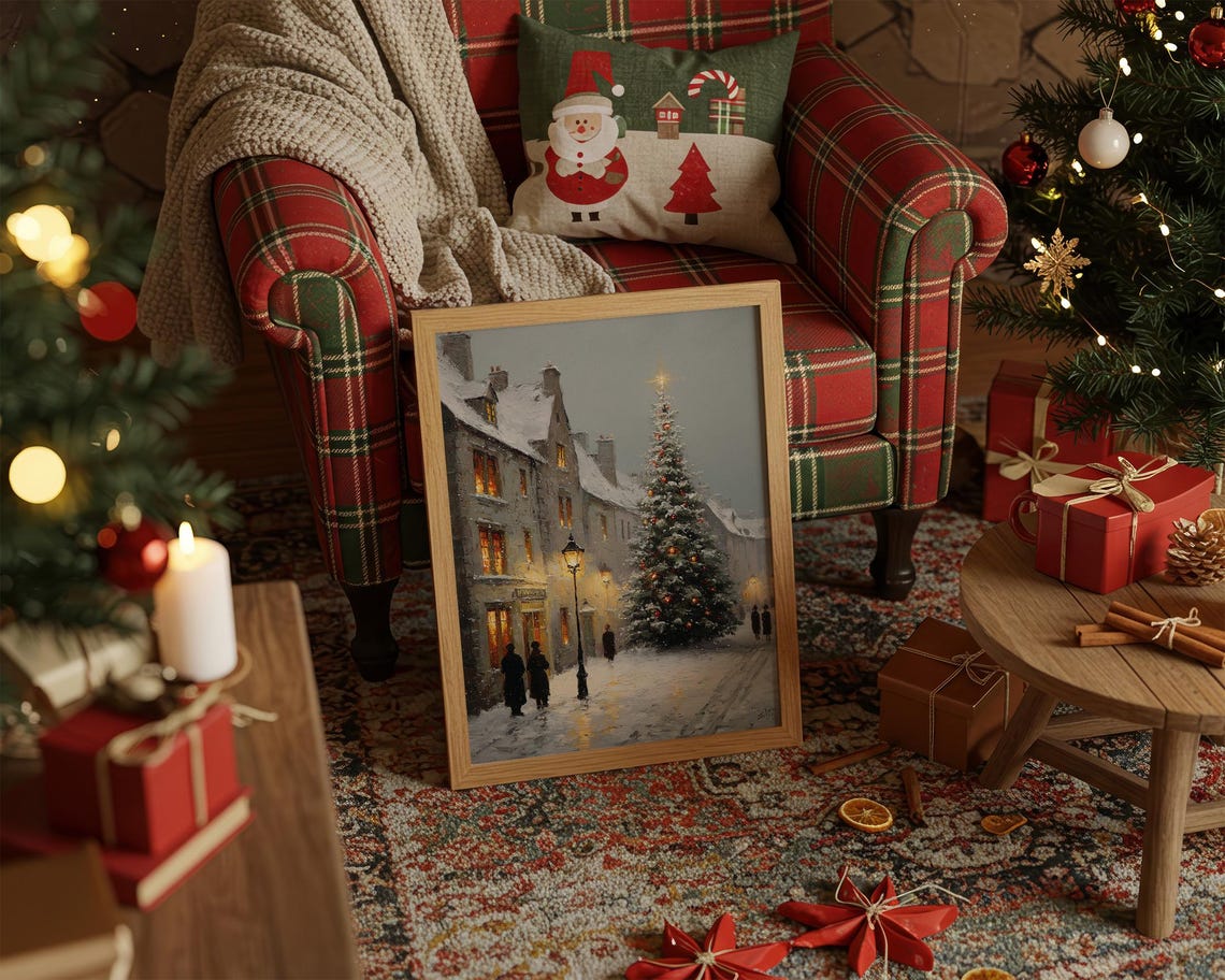 Snowy Christmas Village Street Glowing Windows Holiday Night Poster