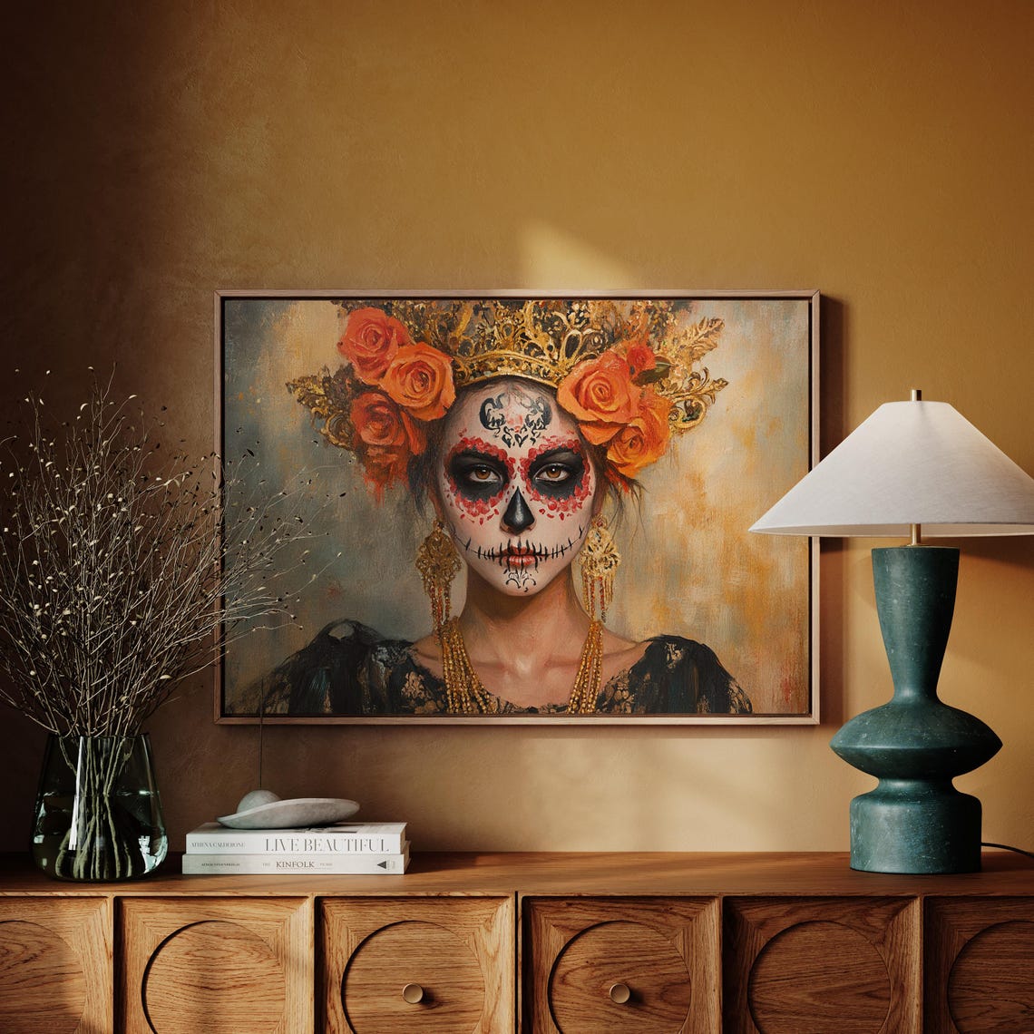 Dia De Los Muertos Woman Red Rose Crown Sugar Skull Art Poster - Image 3