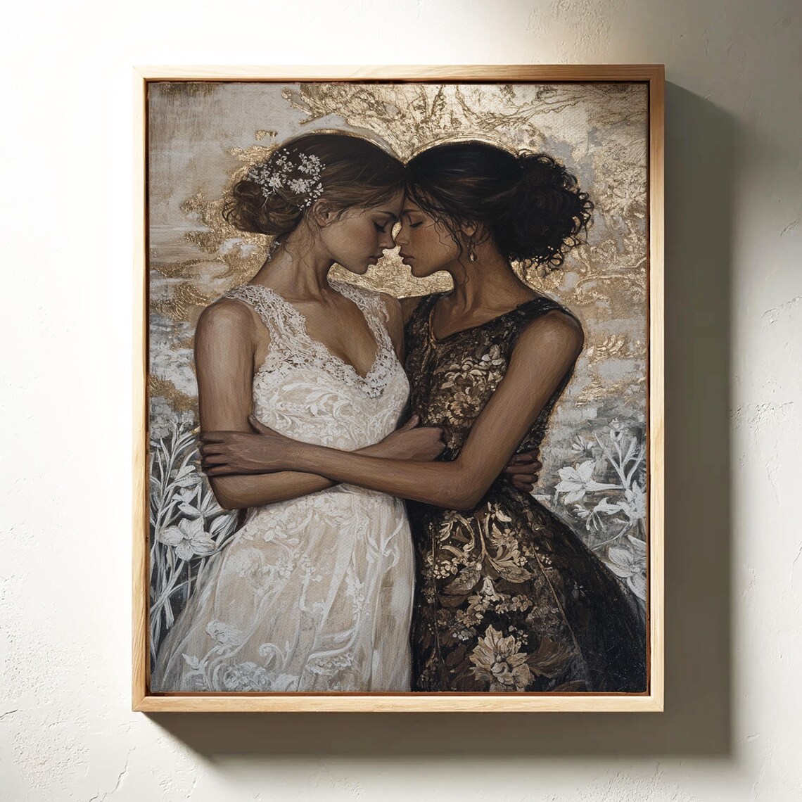 Golden Embrace Two Women Lace Dresses Intimate Elegant Romance Art Poster - Image 2