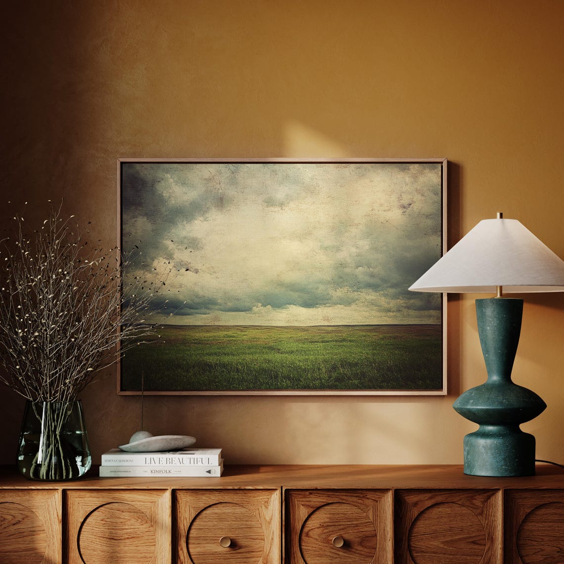 Rustic Prairie Landscape Green Field Under Moody Sky Vintage Poster - Image 7