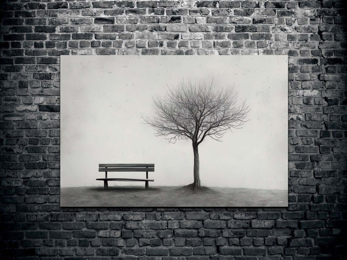 One Tree Park With Empty Bench, Gloomy Landscape - Image 7