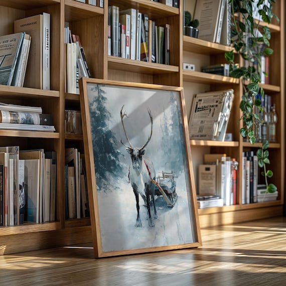 Reindeer With Wooden Sleigh Winter Forest Watercolor Art Poster
