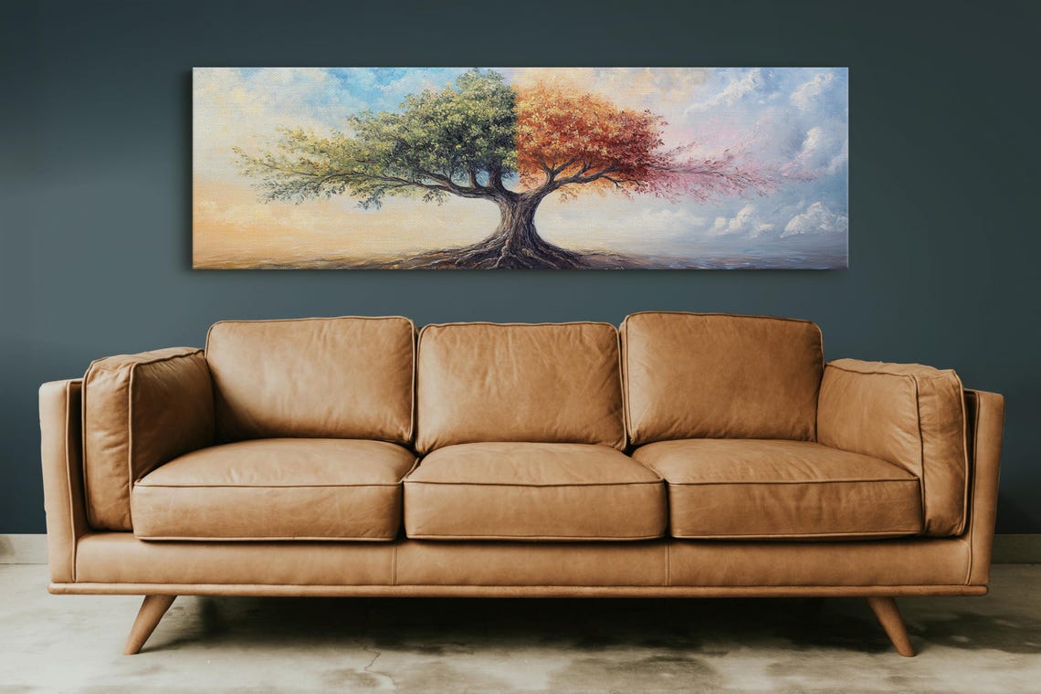 Half Summer Half Autumn Tree Dreamlike Seasonal Panoramic Art Print