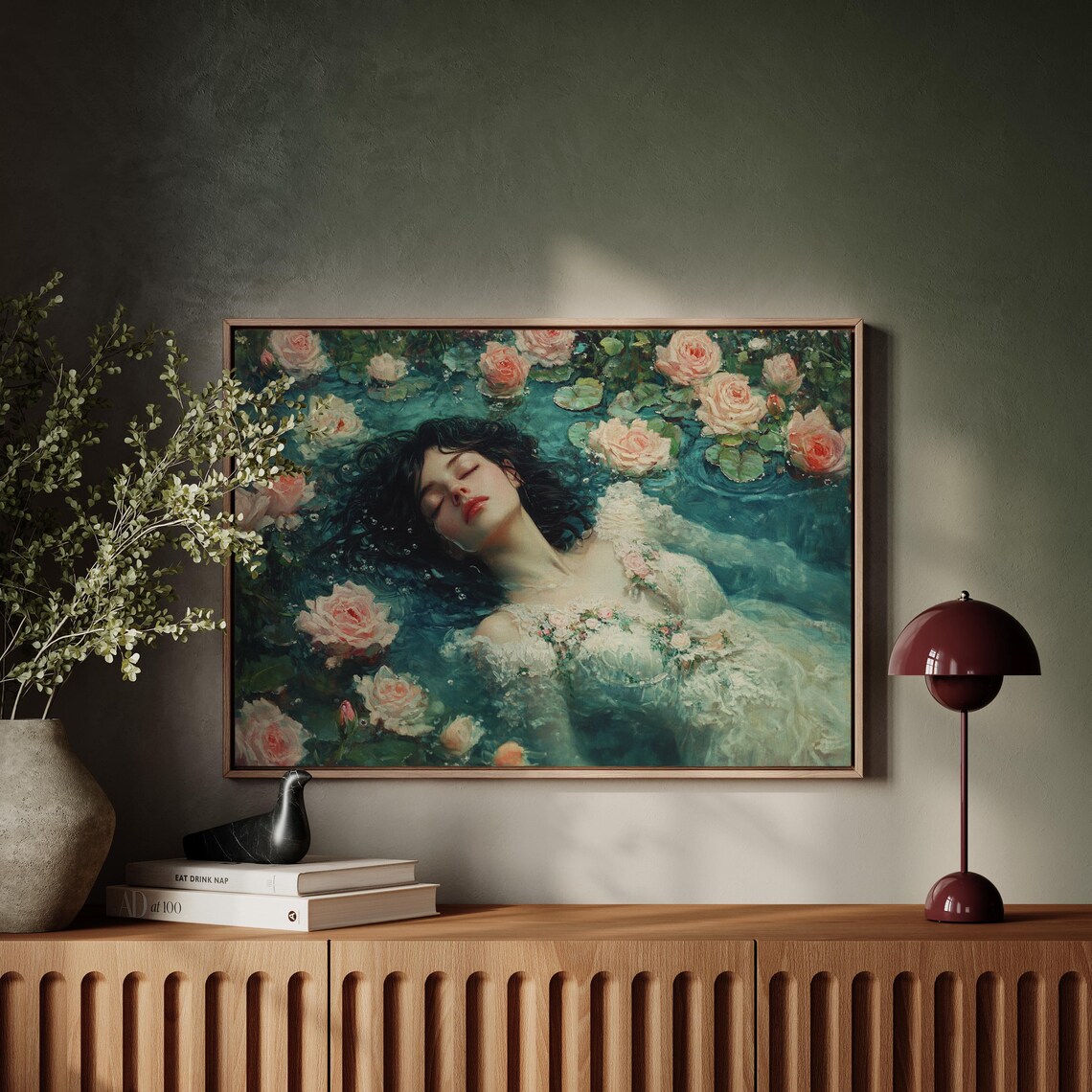 Floating Woman with Roses Dreamy Teal Floral Vintage Art Print - Image 6