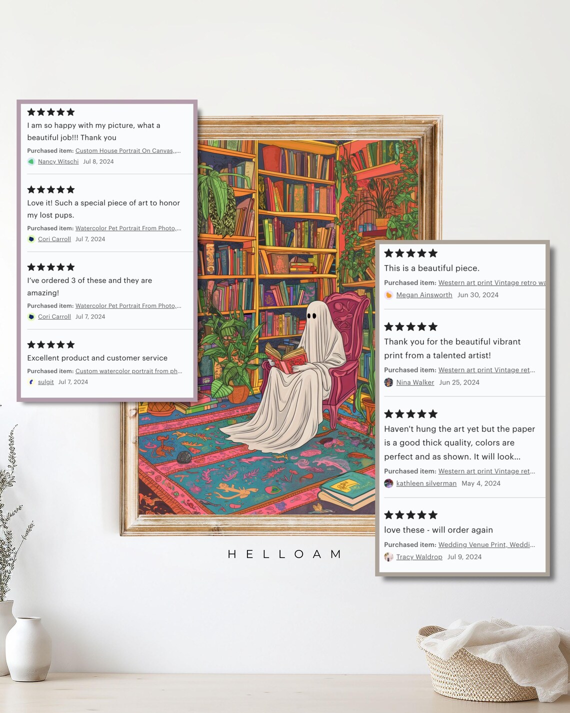 Cute Ghost Reading Book In Colorful Cozy Library Halloween Decor Poster - Image 3