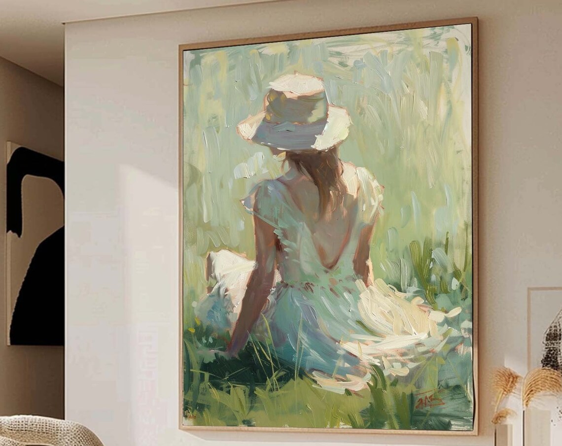 Woman in White Hat Sunlit Meadow Impressionist Figure Painting Large Wall Art