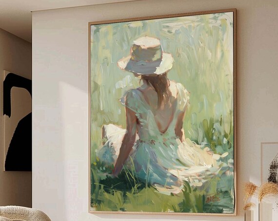 Woman in White Hat Sunlit Meadow Impressionist Figure Painting Large Wall Art
