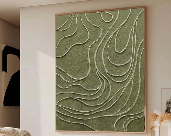 Large Green Texture Painting Green Abstract Line Art Green Minimalist Painting On Wabi Sabi Wall Art Neutral Green Texture Wall Art