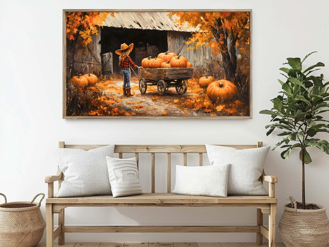 Cowgirl Pulling Pumpkin Wagon At Old Barn Autumn Harvest Scene Poster Print - Image 2