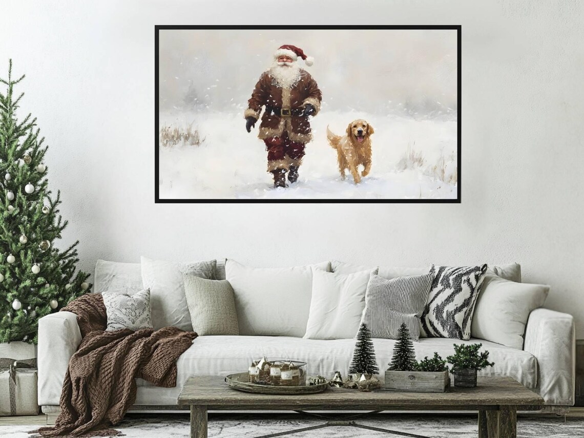 Santa and Golden Retriever in Winter Wonderland Art Print - Image 4