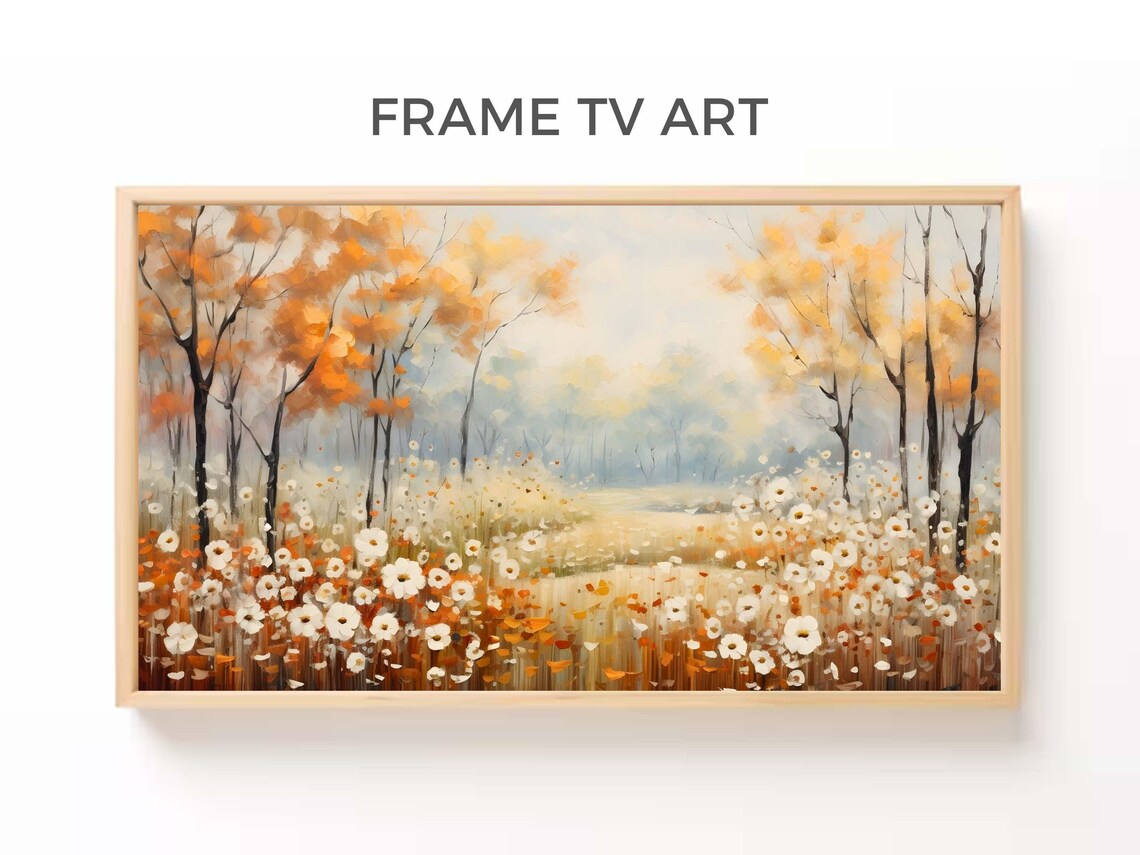 Autumn Wildflower Meadow Golden Fall Trees Misty Landscape Painting Poster