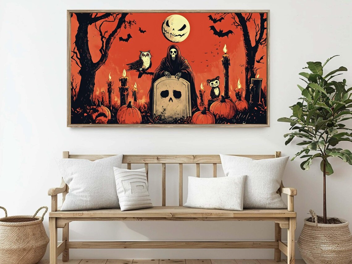 Spooky Skeleton On Graveyard, Halloween Art Print - Image 2