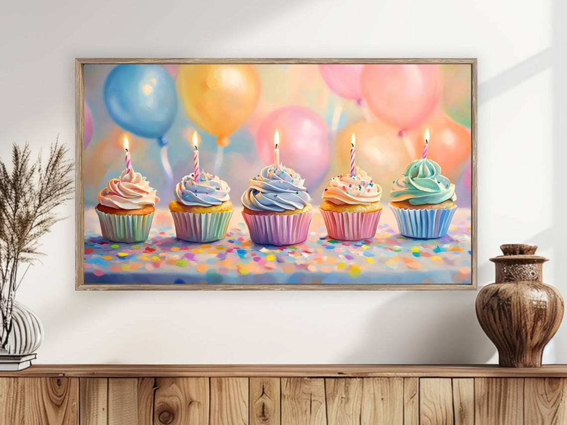 Birthday Cupcakes Frame Tv Art Cute Cupcake Party Decor For Frame Tv Kids Birthday Celebration Art - Image 3