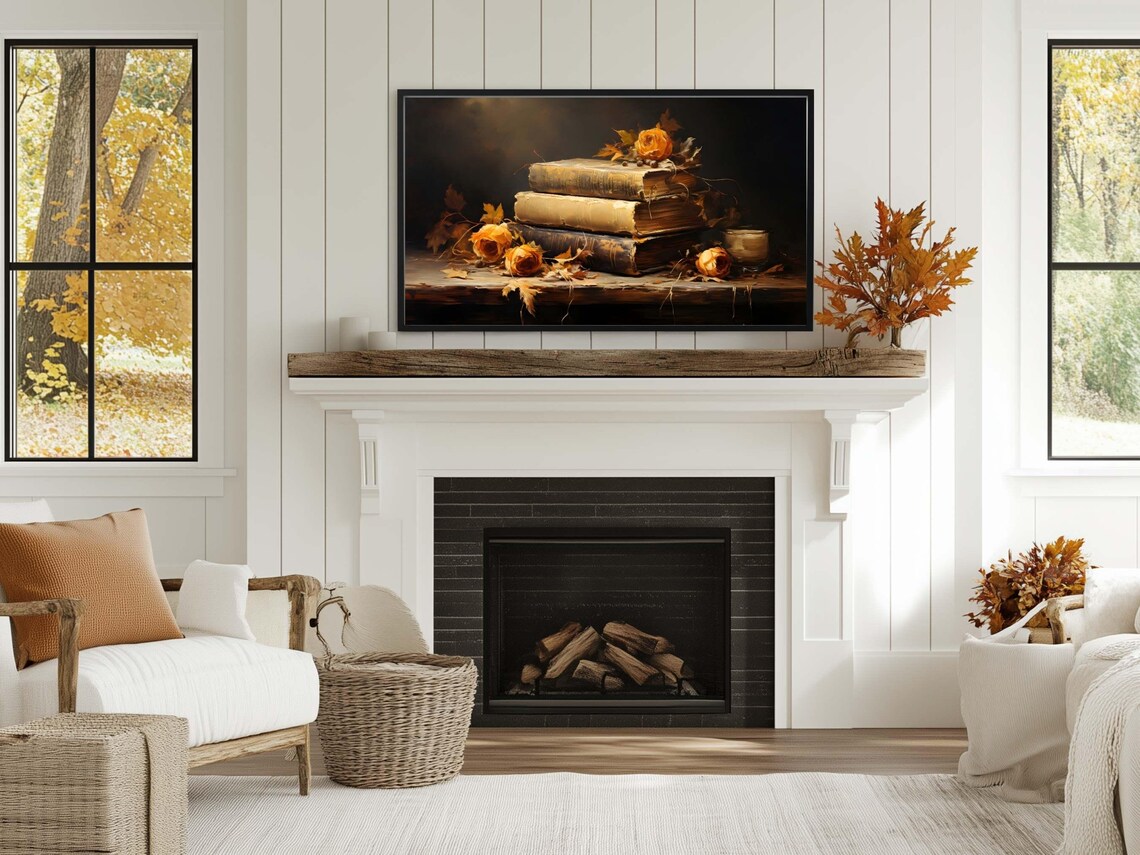 Moody Antique Book Stack Autumn Roses Still Life Vintage Oil Painting Poster - Image 3