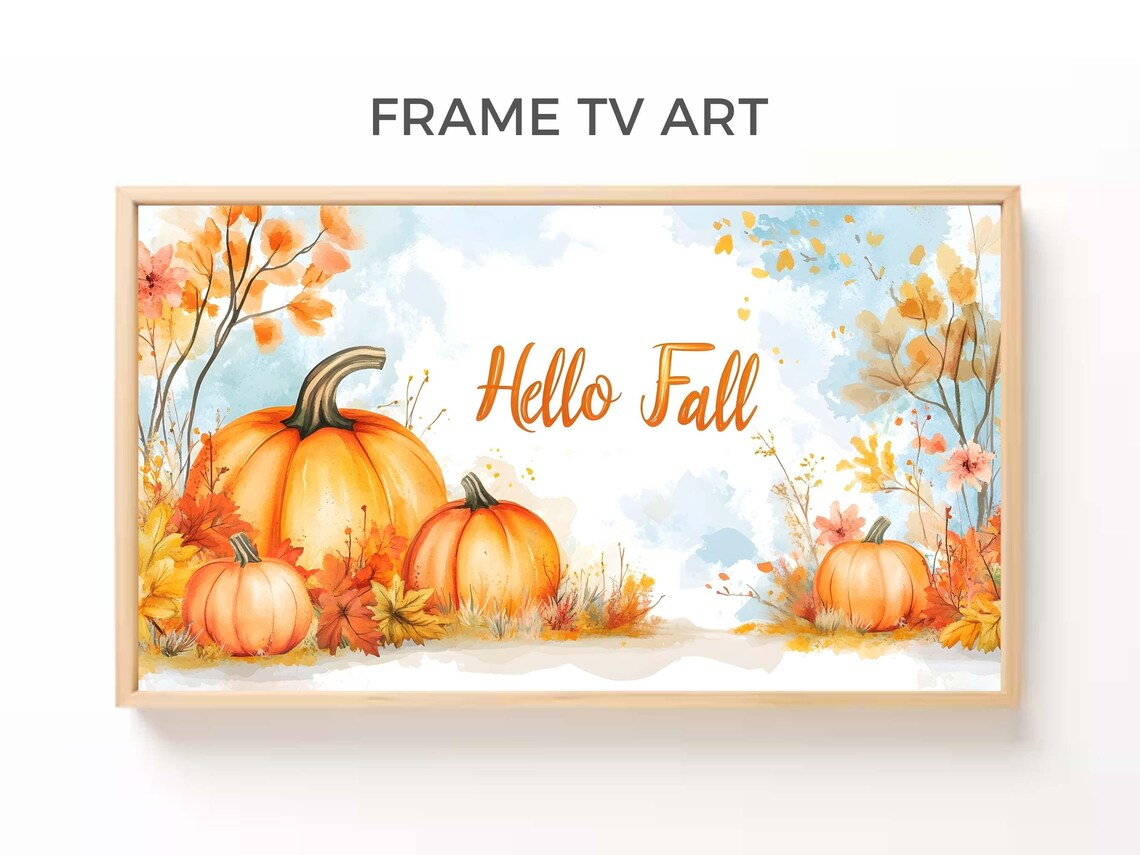 Hello Fall Watercolor Pumpkins Autumn Leaves Script Text Wall Art Poster