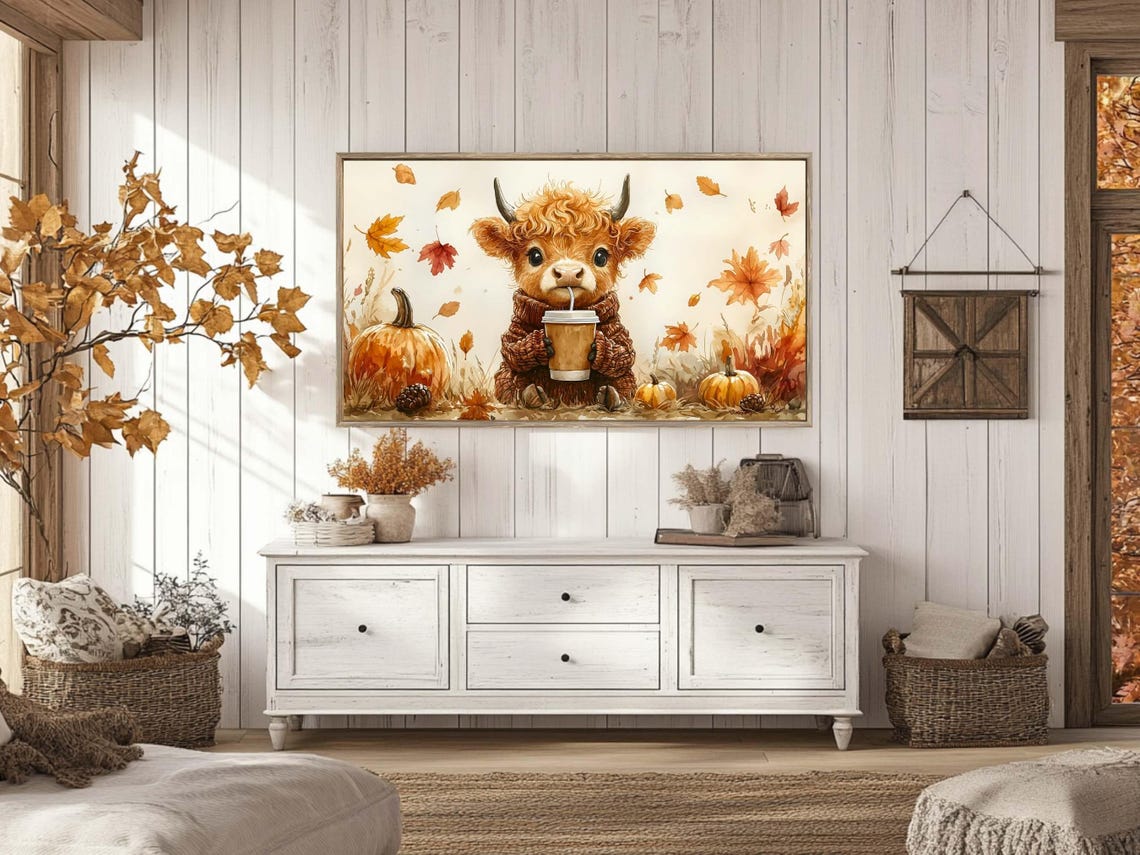 Fall Frame Tv Art Cute Highland Cow Enjoying Fall And Halloween Festivities Frame Tv Art - Image 4