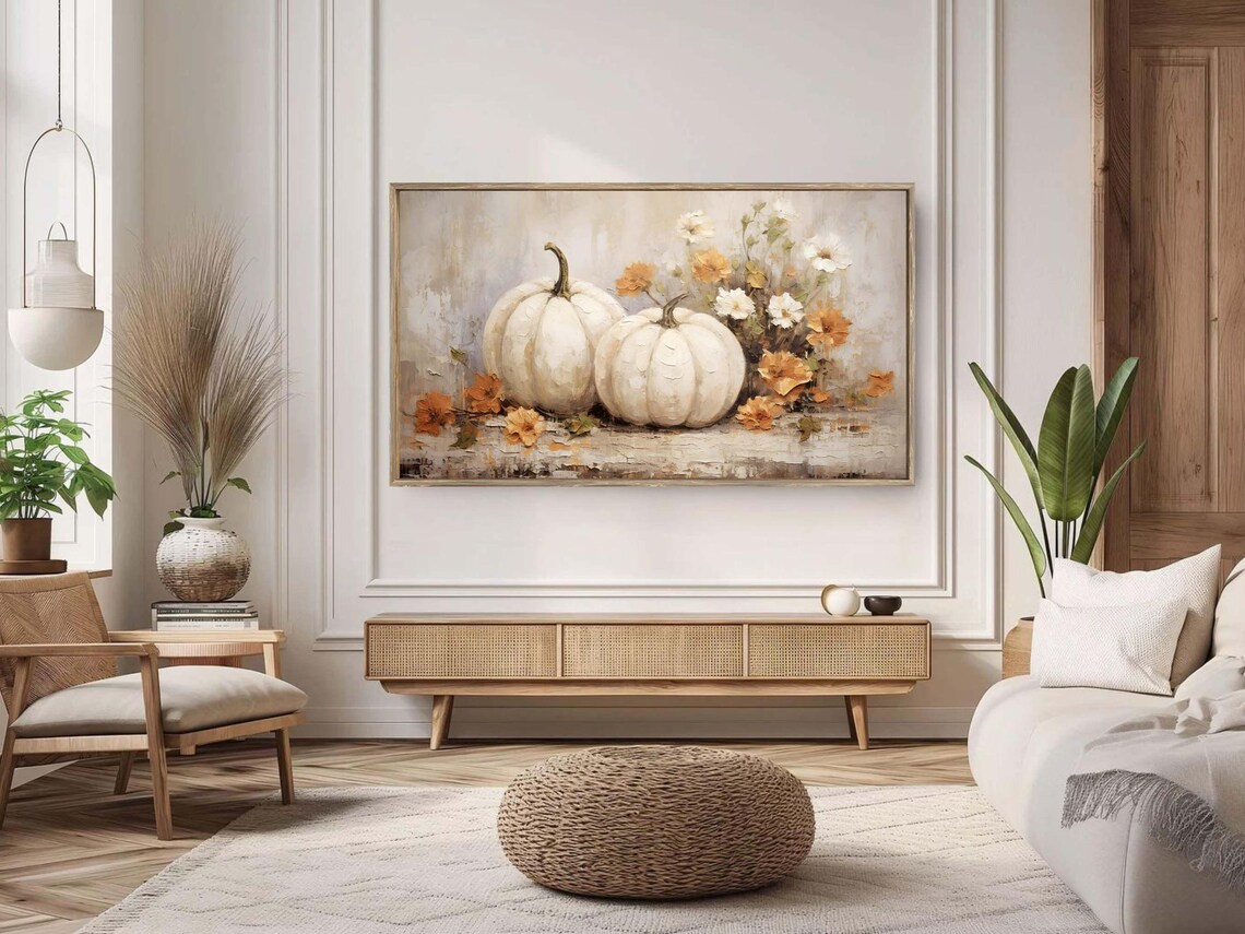 White Pumpkins Fall Wildflowers Vintage Textured Neutral Oil Painting Poster - Image 2