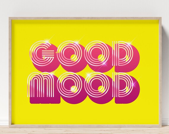 Good Mood Retro 90s Bubble Letter Neon Disco Typography Art Poster