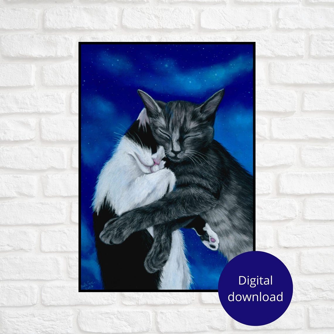 Two Cats Hugging Each Other Under a Starry Night Sky Poster Art