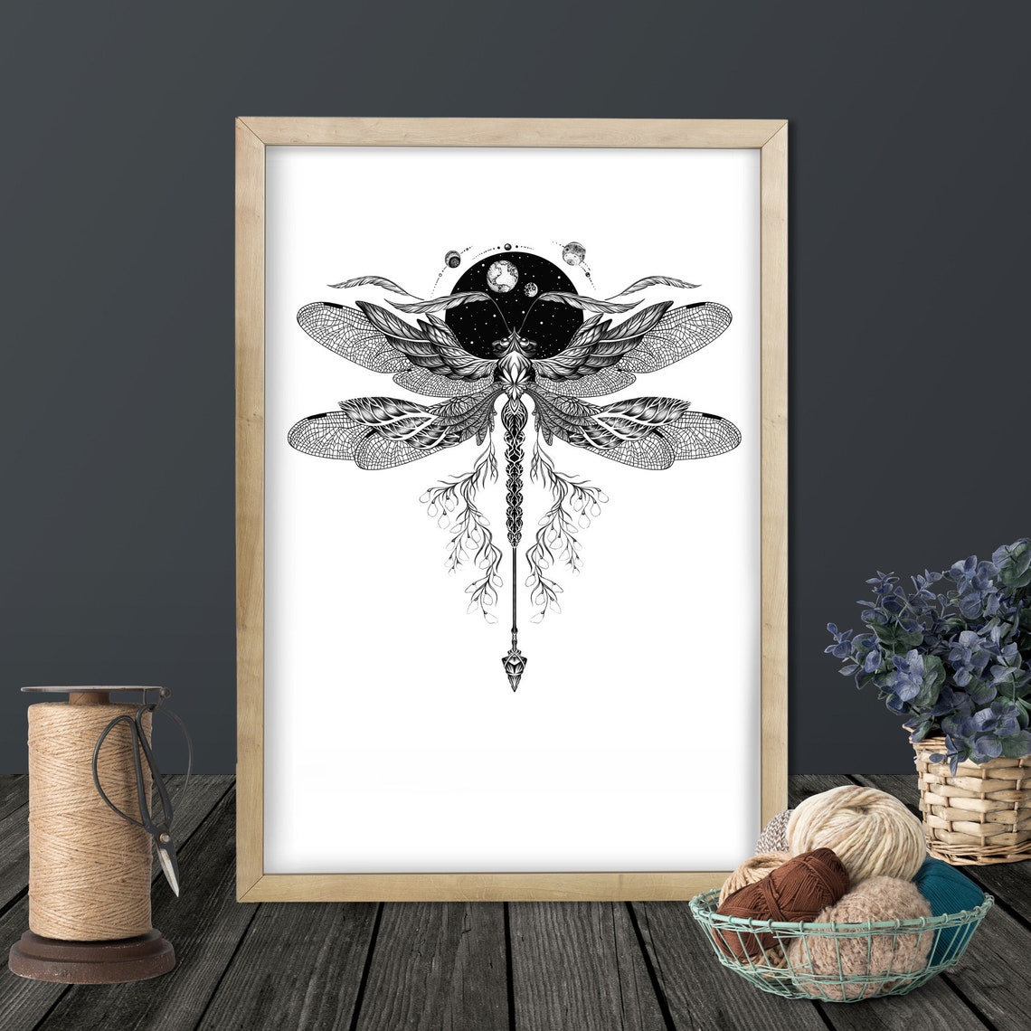 Black And White Dragonfly Cosmic Night Sky Detailed Line Art Poster - Image 3