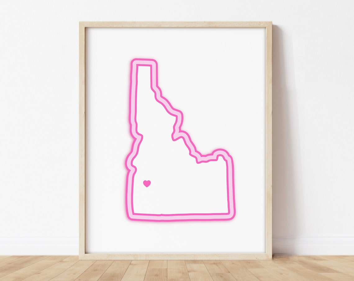 Pink Neon Idaho State Outline Map With Heart Love Glow Poster